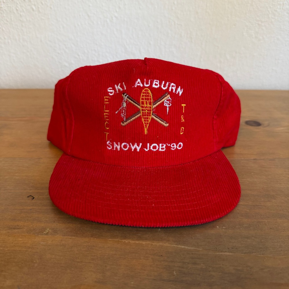 Vintage 90s Ski Auburn Snow Job Corduroy Snapback Red Trucker Hat Made in Korea